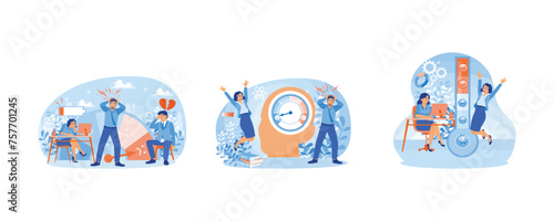 Depression and mental disorders. Man who is tired from work and stressed. Energetic and enthusiastic female employee. Stress Levels concept. Set flat vector illustration.