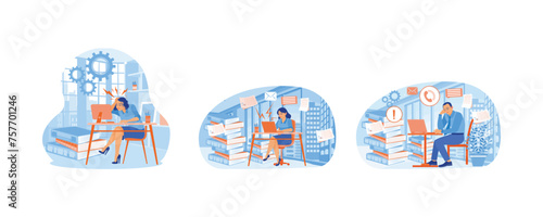 Stress and frustration. A woman with a tired and stressed face is in the office. A lot of work to do. Stress in Office concept. Set flat vector illustration.