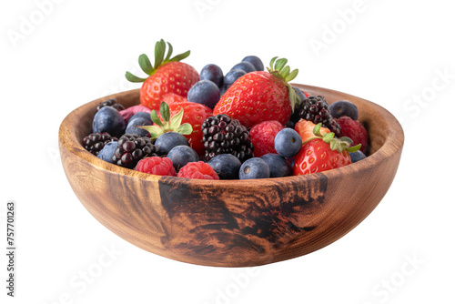 Colorful Medley of Fresh Berries in a Rustic Wooden Bowl Isolated on Transparent Background