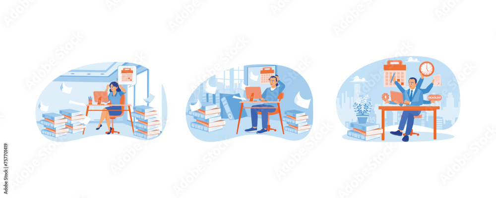 Fatigue and stress with piling up work. Men work too much. Overwhelmed by a lot of work at the office. Office Deadline concept. Set flat vector illustration. Fatigue and stress with piling up work. Men work too much. Overwhelmed by a lot of work at the office. Office Deadline concept. Set flat vector illustration.