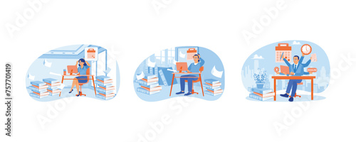 Fatigue and stress with piling up work. Men work too much. Overwhelmed by a lot of work at the office. Office Deadline concept. Set flat vector illustration.