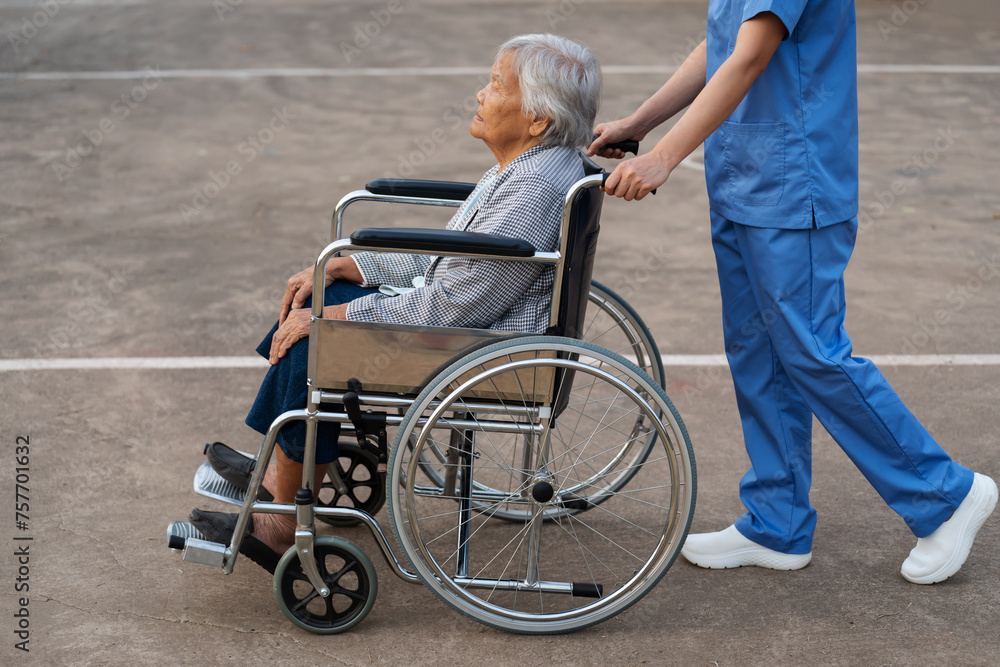 nurse take care and pushing senior woman in wheelchair at park, friendly caregiver nurse take care and pushing senior woman in wheelchair at park, friendly caregiver