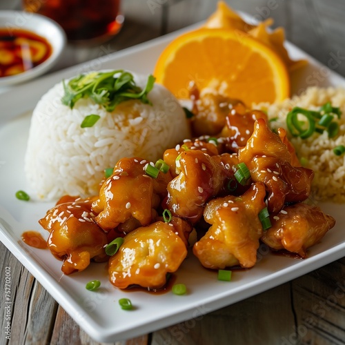 Yummy orange chicken and rice chinese meal