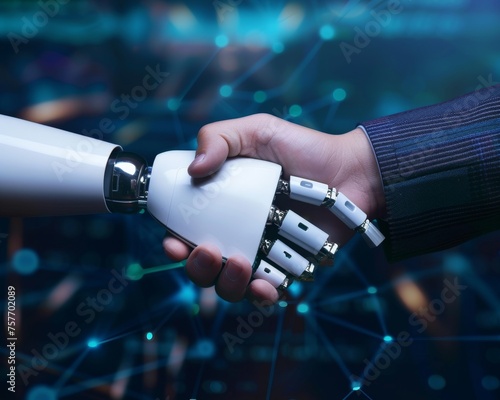 A business deal handshake between a human and a robot in a futuristic setup © Shutter2U