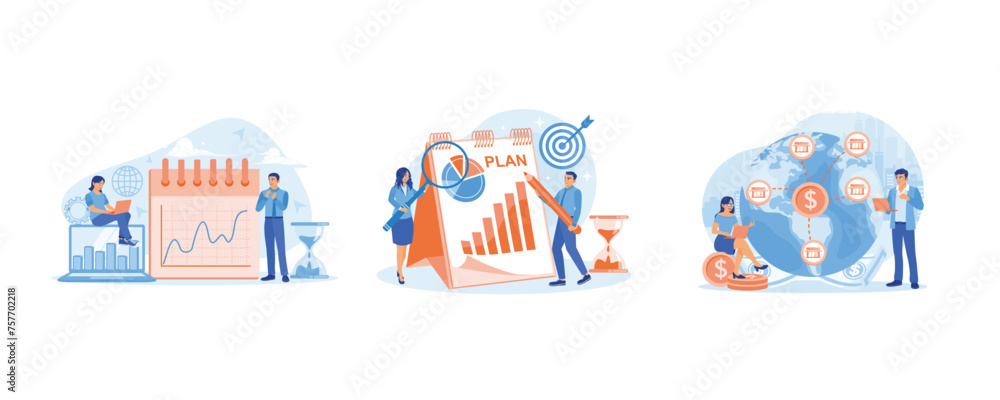 Businessman and assistant analyzing finances. Analyze business plans to achieve targets. Efforts to increase profits. Business Plan concept. Set flat vector illustration.