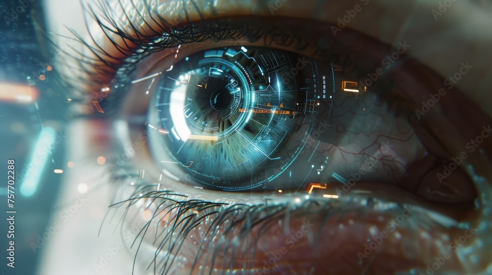 Close up view of a human eye intertwined with futuristic HUD technology for an illustration Close up view of a human eye intertwined with futuristic HUD technology for an illustration
