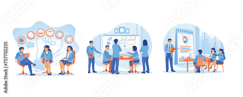 Meeting between manager and business team. Create and discuss teamwork concepts. Discuss and exchange ideas with each other. Business Meeting concept. Set flat vector illustration.