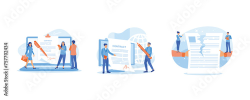 E- signature. Business people sign contracts online on the computer. Two businessmen tore up and canceled a signed business contract. Contract agreement concept. Set flat vector illustration.