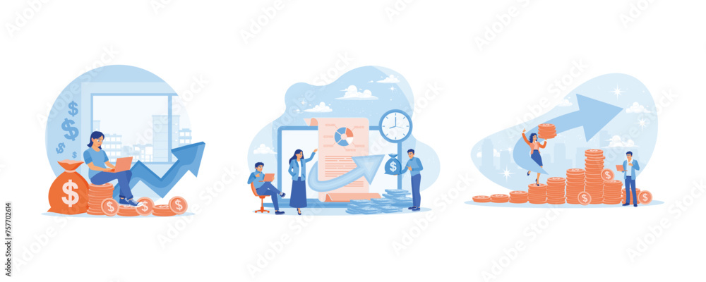 Holding a laptop and investing in a bank online. Businessman analyzes office finances. Man analyzing finances with a laptop. Investment concept. Set flat vector illustration.
