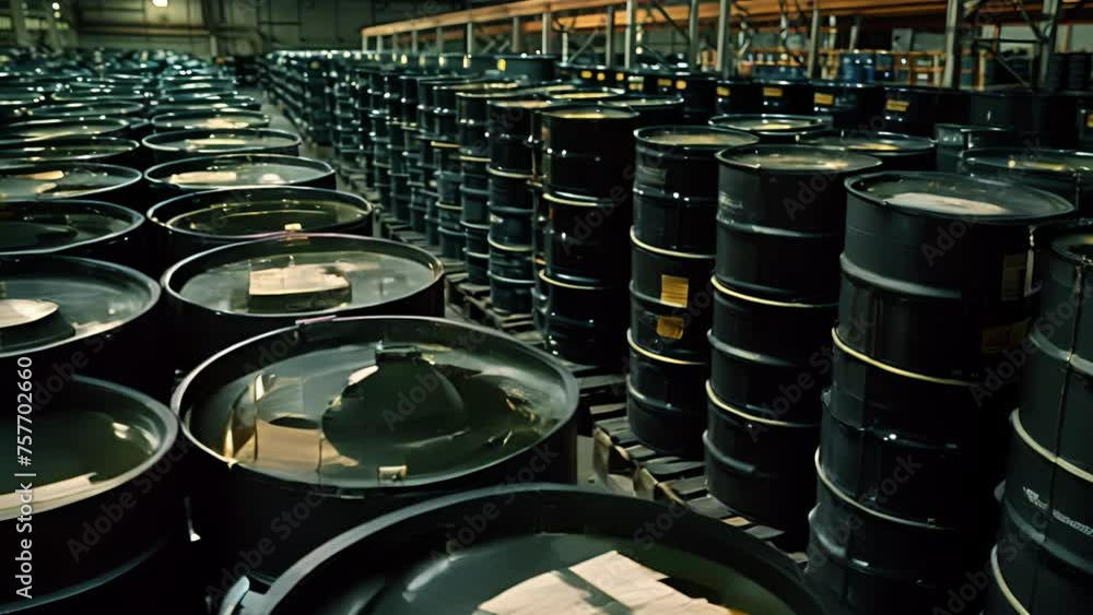 A sea of barrels and canisters can be seen in a storage area each labeled with specific