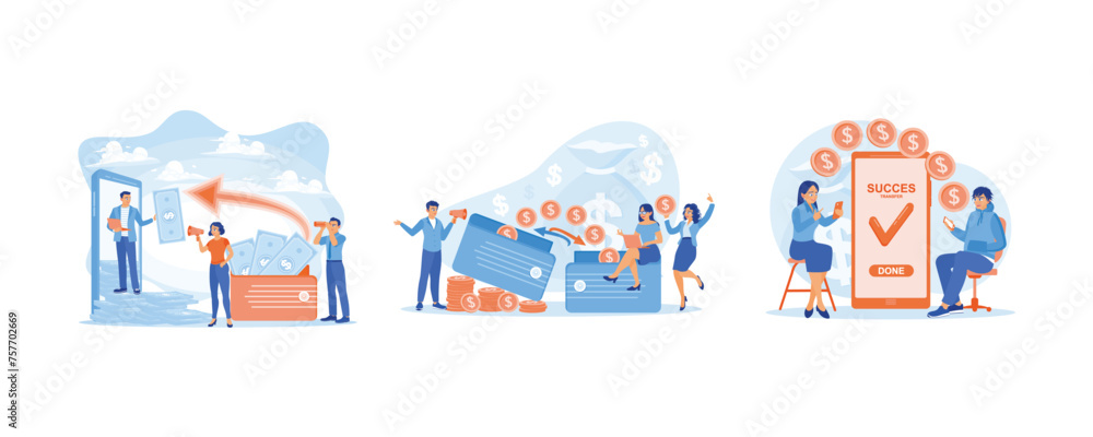 Business people explain payment systems. The banking system. Makes digital transactions. Financial transactions concept. Flat vector illustration.