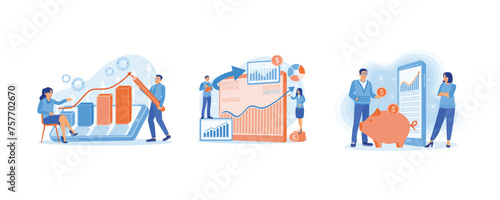Business people and women make financial. Analyzing financial graphs and charts using a tablet. Man and woman saving in piggy bank. Investment concept. Set flat vector illustration.