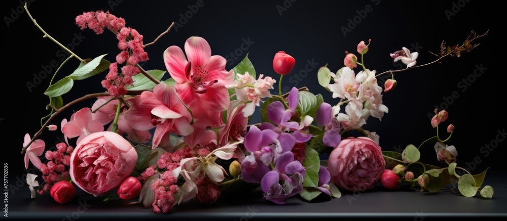 A variety of colorful flowers, including pink petals and magenta blooms, are elegantly displayed on a table against a black background, creating a beautiful floral arrangement