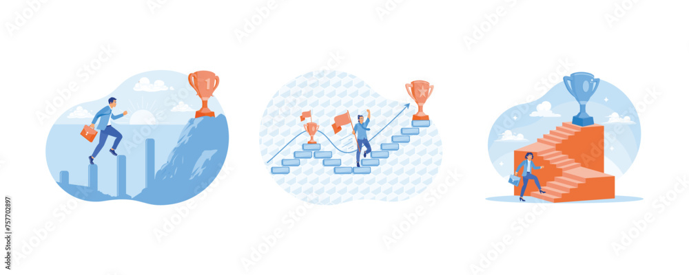 Businessman walking on graph.Businessman walking on graph. Motivation to achieve new goals.Success inspiration. Success Business concept. Set Flat vector illustration. Businessman walking on graph.Businessman walking on graph. Motivation to achieve new goals.Success inspiration. Success Business concept. Set Flat vector illustration.