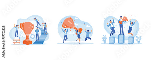 Colleagues celebrate victory. Dance under confetti while carrying big trophies. People standing on the podium. Success Business concept. Set Flat vector illustration.