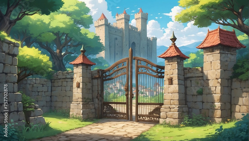 Medieval Wall Gate: Illustration of a Medieval Gate Set Within Stone Walls, Conjuring Images of Fortresses, Knights, and Ancient Times