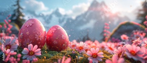 Easter egg scavenger hunt in flowers field photo