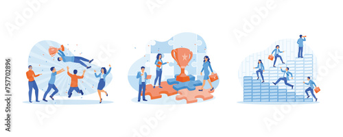 Celebrate victory. Solve business problems to achieve success. Business people walk up the stairs to reach targets. Success Business concept. Set Flat vector illustration.