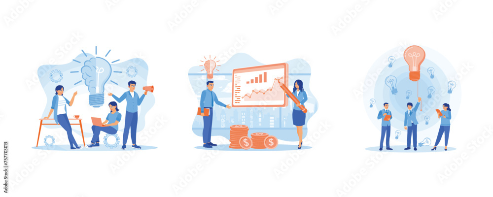 A group of people hold a meeting. Analyzing finances on the projector screen. Looking for new business ideas. Business Idea concept. Set Flat vector illustration.