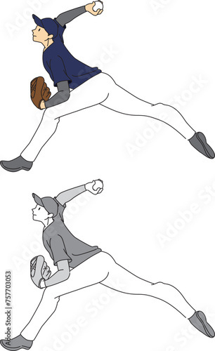 投球している野球選手のイラストセット／Illustration set of baseball players pitching