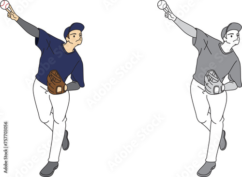 投球している野球選手のイラストセット／Illustration set of baseball players pitching