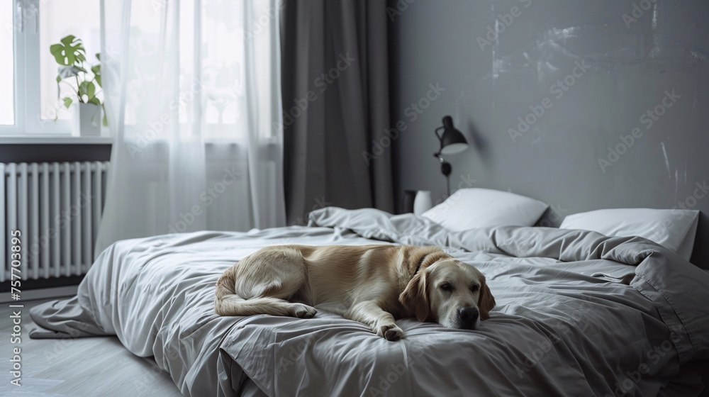 Obraz premium A minimalist grey bedroom with a dog resting beside the bed, offering a glimpse into serene domestic tranquility