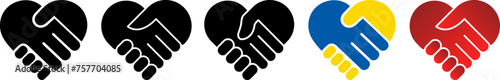 Set of flat icons of handshakes in the form of a heart as a concept of support and trust
