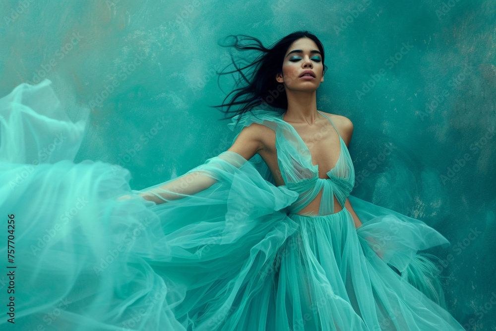 Against a backdrop of tranquil teal, a model captivates in an aquamarine gown, her beauty accentuated by understated makeup, radiating serenity and poise.