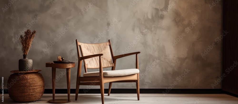 Fototapeta premium Inside the building, there is a wooden chair and a rectangular table placed on the hardwood floor, both with a dark wood stain