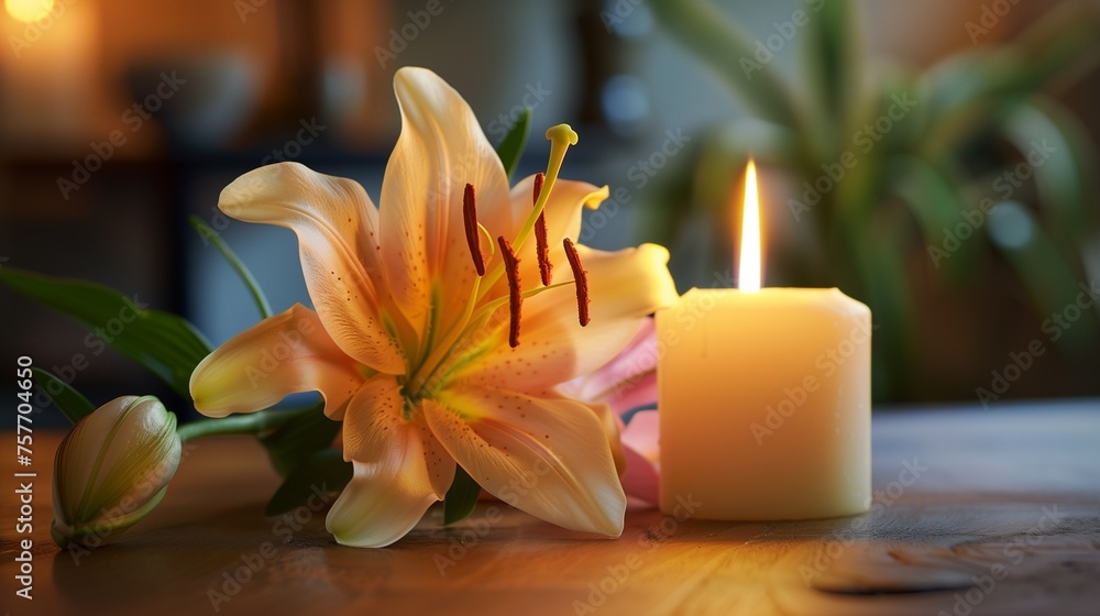 Nature's poetry—a beautiful lily and a candle casting a gentle glow. HD lens captures the serene beauty harmoniously.
