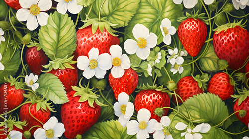 Watercolor Style Seamless Background Of Strawberry with white flowers #757704697
