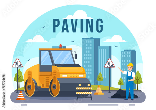 Paving Vector Illustration with Road Construction and Highway Maintenance Workers Working on Asphalt Roads with Drilling Machine in Flat Background