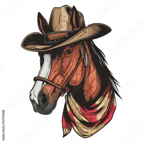 Horse Head wearing wearing cowboy hat and bandana around neck