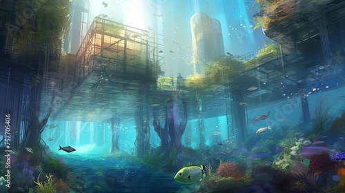  Futuristic cityscape submerged underwater, biodomes and habitats nestled among coral reefs and aquatic flora, colorful marine life swimming amidst the structures, beams of sunlight piercing through photo