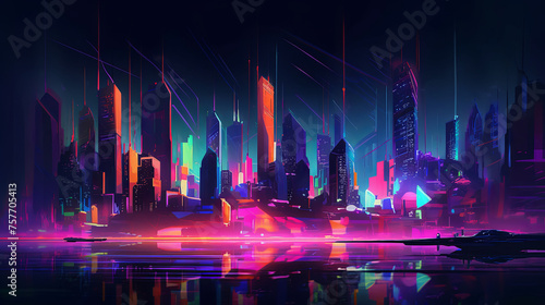 Futuristic cityscape with vibrant colors and gradients painting the skyline, buildings adorned with colorful LED lights that change in hue, reflecting off the glossy surfaces below, holographic