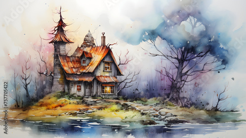 A watercolor painting of a Halloween Witch House  Created with Generative AI Technology