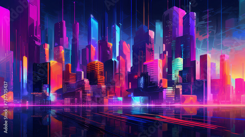 Futuristic cityscape with vibrant colors and gradients painting the skyline, buildings adorned with colorful LED lights that change in hue, reflecting off the glossy surfaces below, holographic