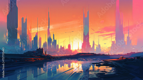 Futuristic cityscape with vibrant colors and gradients painting the skyline, buildings adorned with colorful LED lights that change in hue, reflecting off the glossy surfaces below, holographic