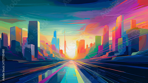 Futuristic cityscape with vibrant colors and gradients painting the skyline, buildings adorned with colorful LED lights that change in hue, reflecting off the glossy surfaces below, holographic