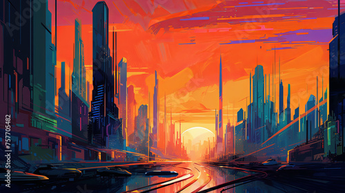 Futuristic cityscape with vibrant colors and gradients painting the skyline, buildings adorned with colorful LED lights that change in hue, reflecting off the glossy surfaces below, holographic