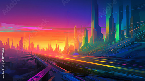 Futuristic cityscape with vibrant colors and gradients painting the skyline, buildings adorned with colorful LED lights that change in hue, reflecting off the glossy surfaces below, holographic
