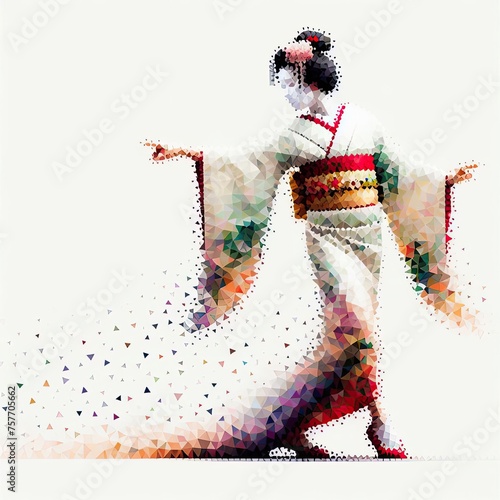 Japanese geisha in kimono dress in splash ink painting and triangle with Generative AI.