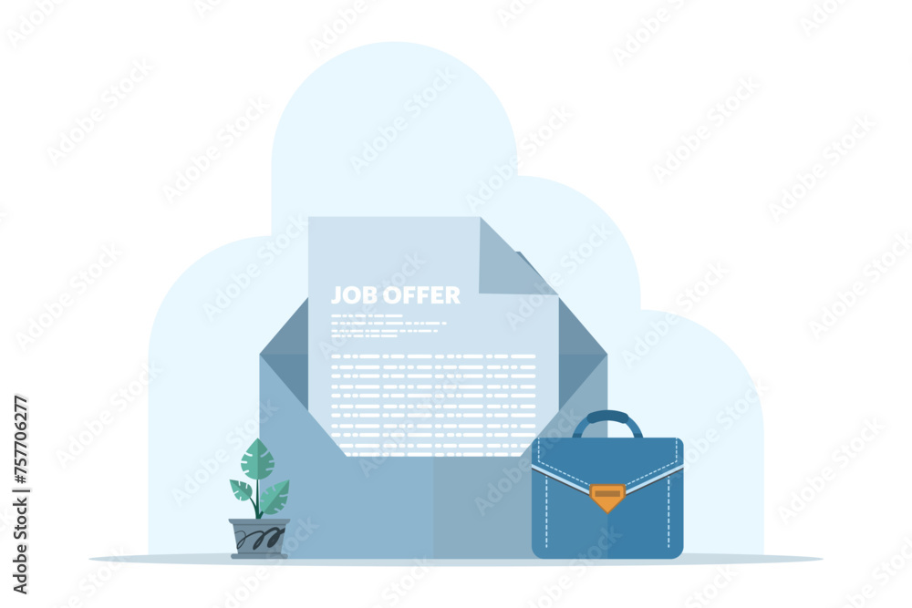Concept job offer document in big blue envelope. email letter with briefcase. Hiring new staff. Job invitation letter after interview. Recruitment, employment contract, agreement. flat vector. Concept job offer document in big blue envelope. email letter with briefcase. Hiring new staff. Job invitation letter after interview. Recruitment, employment contract, agreement. flat vector.