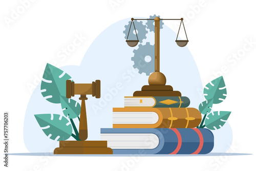 Law and justice concept, lawyer consultant client, judge knocking with wooden gavel, legal advice concept, flat vector illustration banner for website.