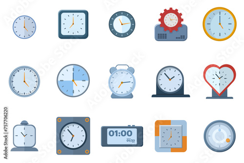 Clock vector icon. A set of clocks with different shapes showing different times. Move forward and backward in time. Alarm clock. Isolated time sumbol. Flat vector illustration on white background.