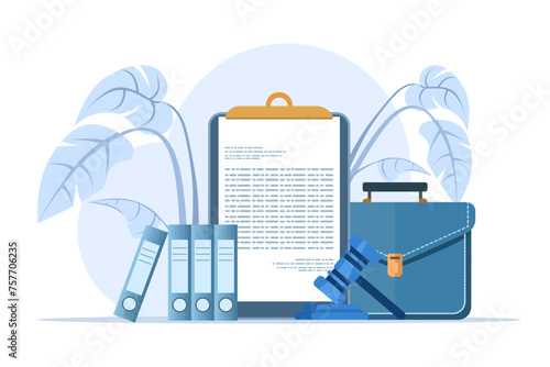 Law and justice concept, lawyer consultant client, judge knocking with wooden gavel, legal advice concept, flat vector illustration banner for website.