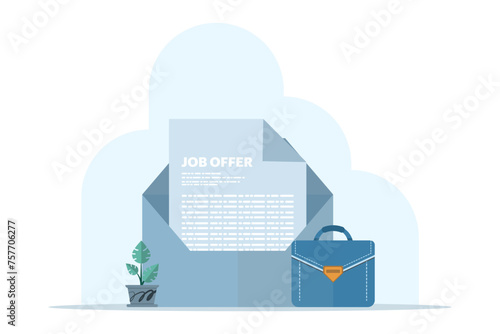 Concept job offer document in big blue envelope. email letter with briefcase. Hiring new staff. Job invitation letter after interview. Recruitment, employment contract, agreement. flat vector.