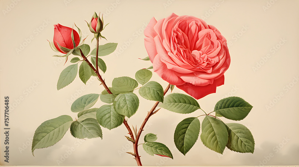 Botanical Illustration of a Pink Rose with buds and leaves Botanical Illustration of a Pink Rose with buds and leaves