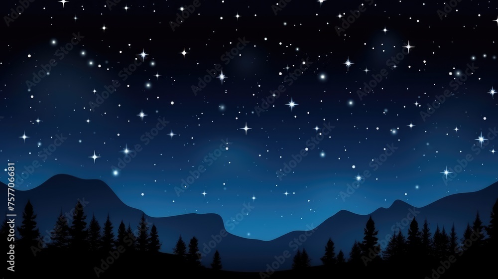 A pristine mountain range is silhouetted against a dazzling night sky, with myriad stars sprinkling the dark blue expanse, creating a peaceful and contemplative scene.