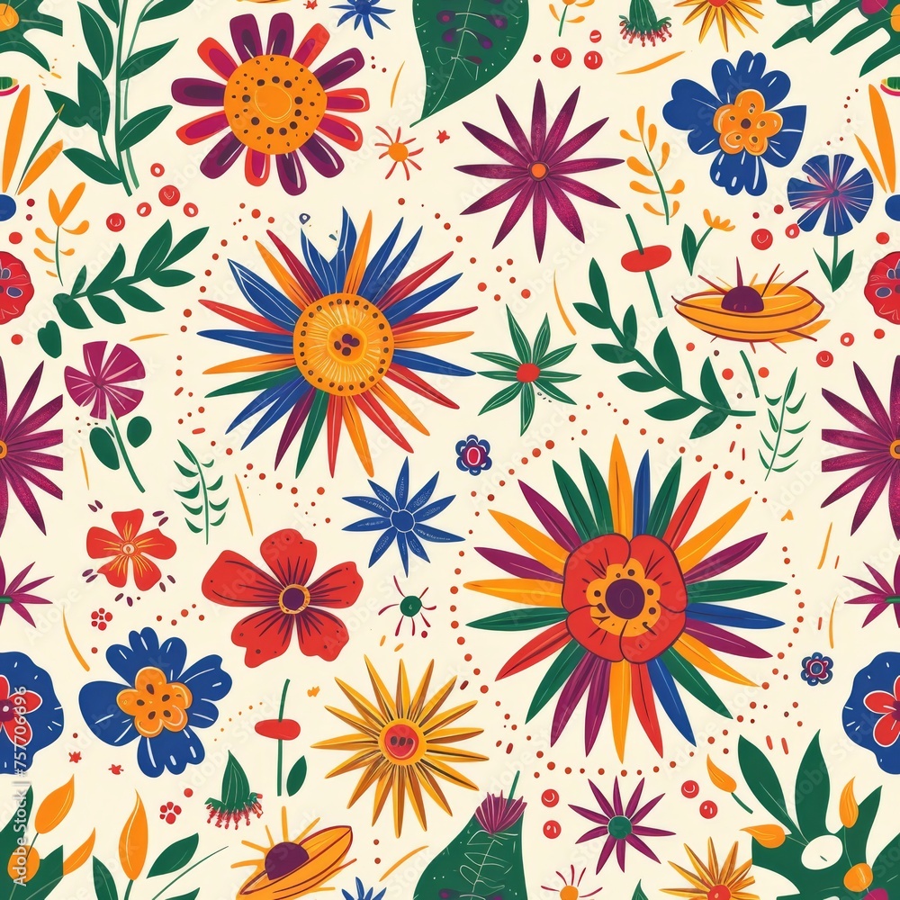 Eclectic Latin seamless background with a rich mix of floral designs and vivid hues, bringing a festive touch to any surface.